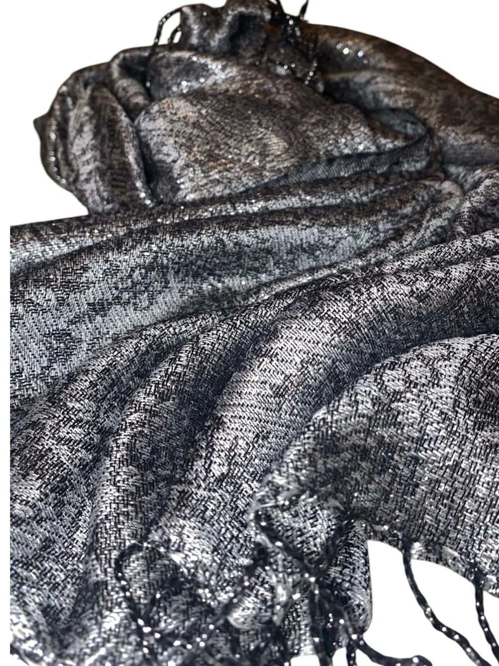 FASHION SCARF Pashmina Silk Like Jacquard Paisley Metallic Silver/Blk 70”x 21”